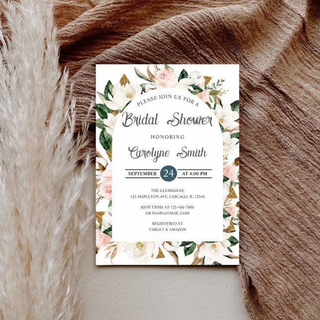 Rosa und weißes Magnolienbogen-Brautparty Einladung (Von Creator hochgeladen)