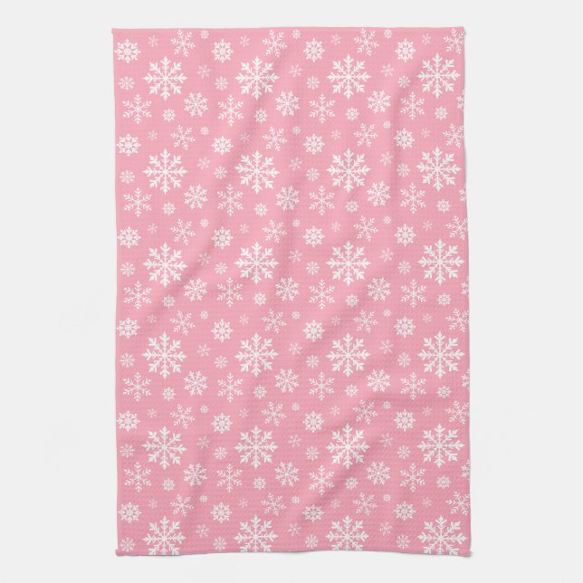 Rosa und weißes Muster von Winterschneeflocken Geschirrtuch (Vertikal)