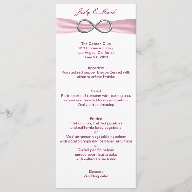 Rosa Unfinity Wedding Menu Card Menükarte (Vorderseite)