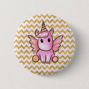 Rosa Unicorn-GoldGlitzer-Zickzack Muster Girly Button