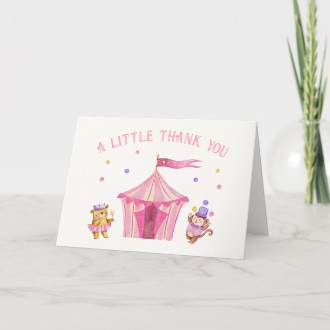 Rosa Unique Circus Bear Monkey Baby Dusche Dankeskarte (Vorderseite)