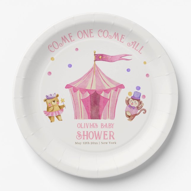 Rosa Unique Circus Bear Monkey Baby Dusche Pappteller (Vorderseite)