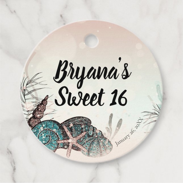 Rosa Unter den Muscheln Strand Sweet 16 Party Geschenkanhänger (Vorderseite)