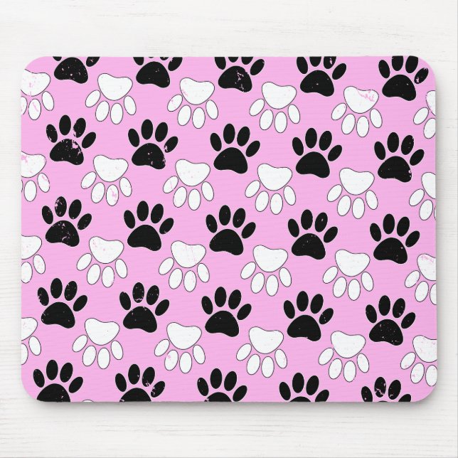 Rosa Untergrund: erschütterte schwarz-weiße Paws Mousepad (Vorne)
