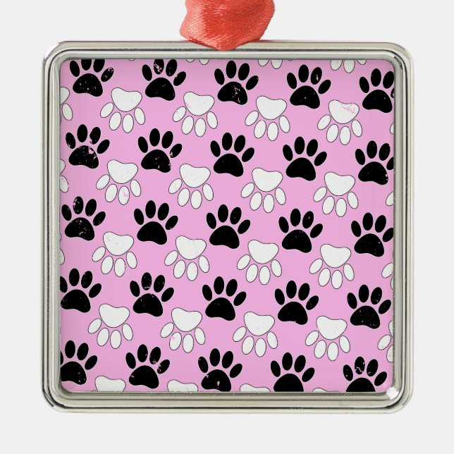 Rosa Untergrund: erschütterte schwarz-weiße Paws Silbernes Ornament (Vorne)