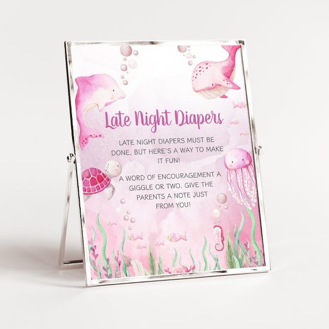 Rosa Unterwasser-Dusch-Spätnachts-Windeln-Schild Poster (Under the Sea Baby Shower Sign)