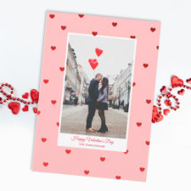 Rosa Valentinstag-Fotokarte mit roten Herzen