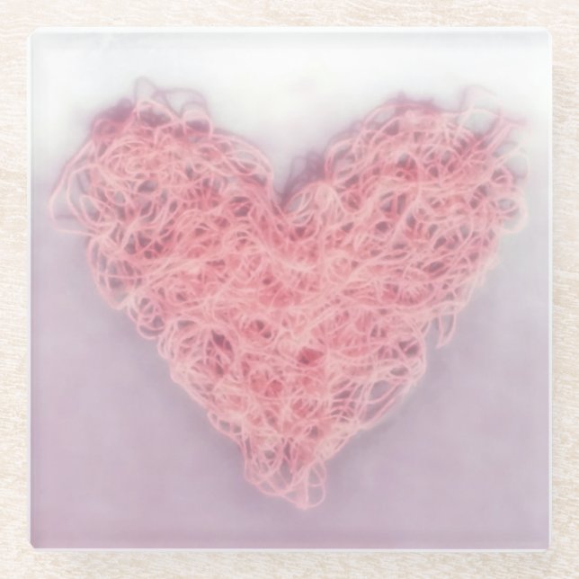 Rosa Valentinstag Wollgarn Strickherz Glasuntersetzer (Vorderseite)
