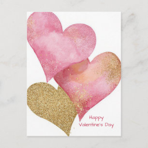 Rosa Valentinstagskarte mit goldenen Herzen Postkarte