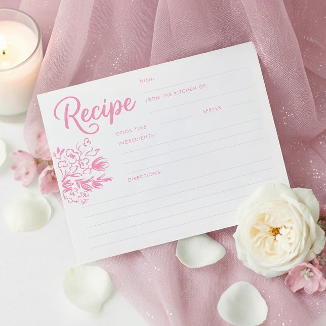 Rosa verspielte Hochzeitsdusche-Rezeptkarte (Pink Whimsical Hand Drawn Floral Bridal Shower Recipe Cards)