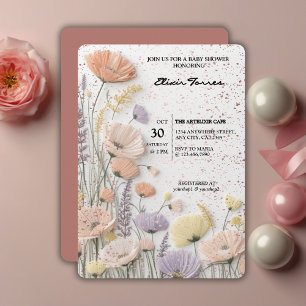Rosa verwitterte gepresste Wildblumen-Baby-Party Einladung