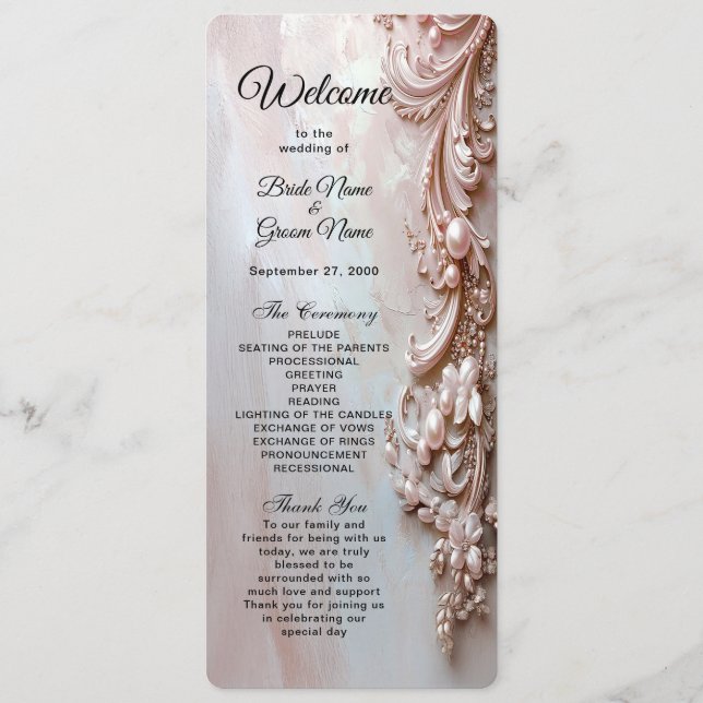 Rosa verziertes Perlen- und Blumenhochzeitsprogram Programm (Vorderseite)