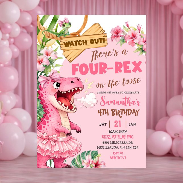 Rosa vierter Rex läuft frei vierter Geburtstag Einladung (Von Creator hochgeladen)