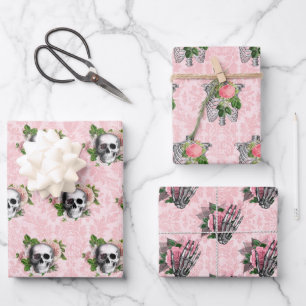 Rosa Viktorianisch-gotisches Skelett und Damaskus Geschenkpapier Set