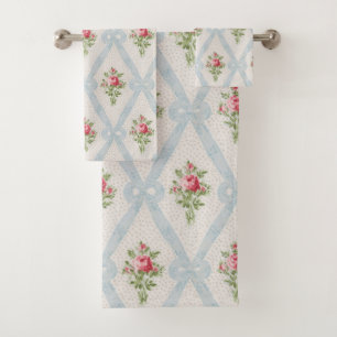 Rosa Viktorianische Rose mit blauem Flachbandgitte Badhandtuch Set