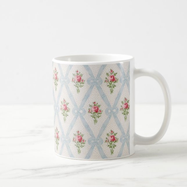 Rosa Viktorianische Rose mit blauem Flachbandgitte Kaffeetasse (Rechts)