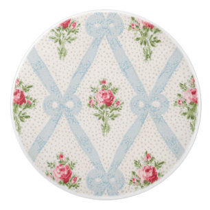 Rosa Viktorianische Rose mit blauem Flachbandgitte Keramikknauf