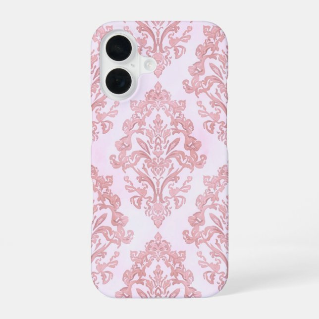 Rosa viktorianisches Damast-Wasserfarbenmuster iPhone 16 Hülle (Rückseite)