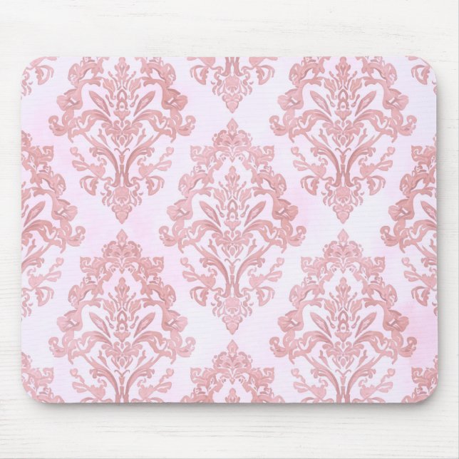 Rosa viktorianisches Damast-Wasserfarbenmuster Mousepad (Vorne)