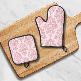Rosa viktorianisches Damast-Wasserfarbenmuster Ofenhandschuh & Topflappen-Set