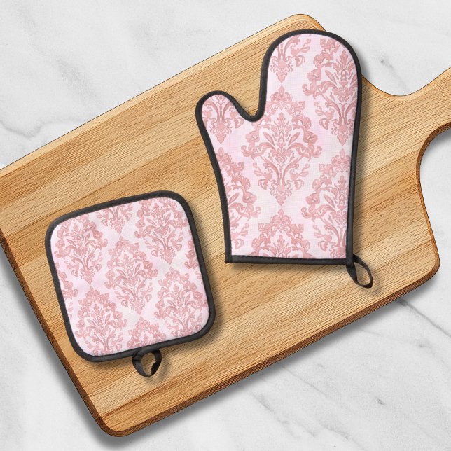 Rosa viktorianisches Damast-Wasserfarbenmuster Ofenhandschuh & Topflappen-Set (Von Creator hochgeladen)