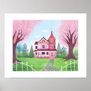 Rosa Viktorianisches Haus & Kirsche Blossom Kunst, Poster