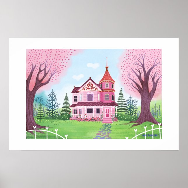 Rosa Viktorianisches Haus und Kirschblütenblütenbl Poster (Vorne)