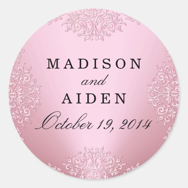 Rosa Vintag Damask Hochzeitskleber Runder Aufkleber (Vorderseite)