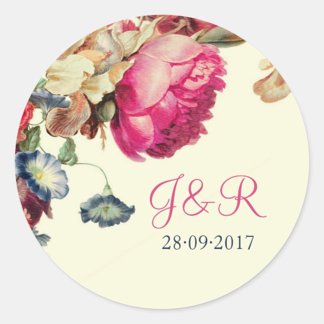 Rosa Vintag florale Monogramm-Hochzeitsticker Runder Aufkleber (Vorderseite)