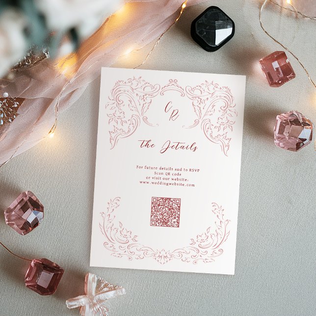 Rosa Vintag Geblüht Mongram Hochzeitsdetails Begleitkarte (Pink Vintage Flourish Monogram Wedding Details Enclosure Card)