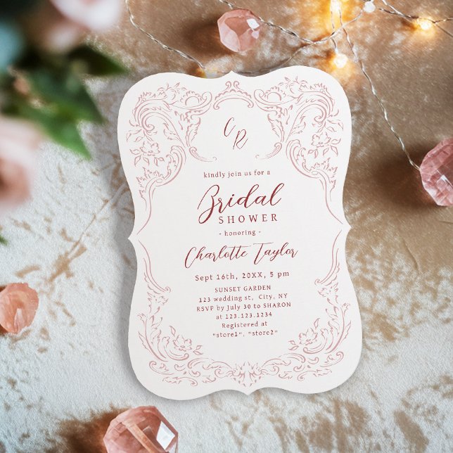Rosa Vintag Geblüht Monogramm-Brautparty Einladung (Pink Vintage Flourish Monogram Bridal Shower Invitation)