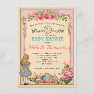 Rosa Vintage-Alice-im-Wunderland-Teeparty-Einladun Einladung