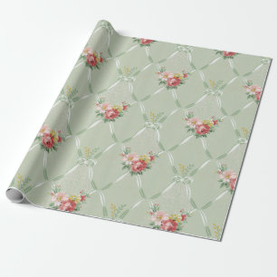 Rosa Vintage Blume auf der grünen Ribbon Trellis Geschenkpapier