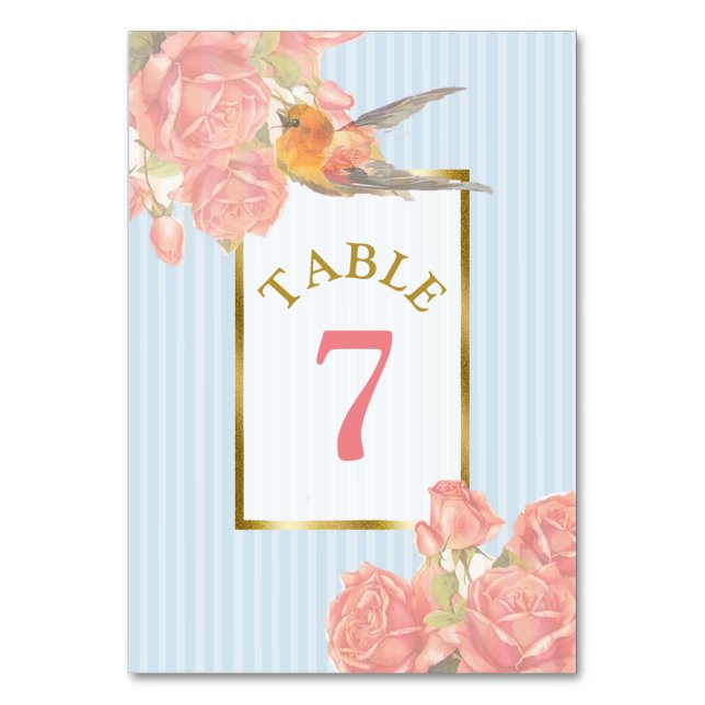 Rosa Vintage Blume Bird Wedding Tischnummer Card (Vorderseite)