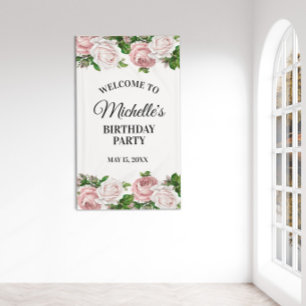 Rosa Vintage-Blumen-Geburtstagsfeier Willkommen Banner