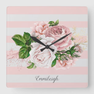 Rosa Vintage-Blumen gestreift Quadratische Wanduhr