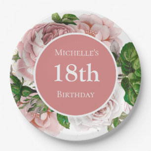 Rosa Vintage-Blumen-Grün 18. Geburtstag Pappteller