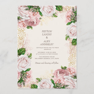 Rosa Vintage-Blumen-Hochzeit mit goldenem Glitter Einladung