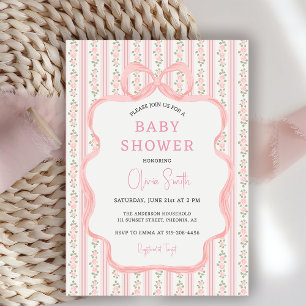 Rosa Vintage-Blumen-Schleife Mädchen-Baby-Party Einladung