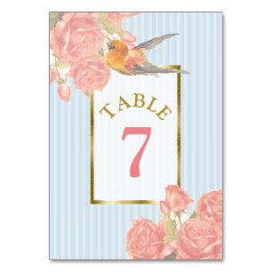 Rosa Vintage-Blumen-Vogel-Hochzeit-Tischnummer-Kar Tischnummer
