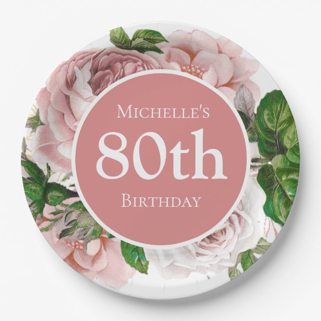 Rosa Vintage Blumengrün 80. Geburtstag Pappteller (Vorderseite)