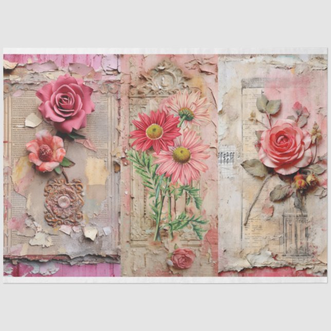 Rosa Vintage Blumengrunge Decoupage Seidenpapier (Vorderseite)