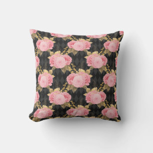 Rosa Vintage-Blumenmuster mit schwarzem Harlekin-D Kissen