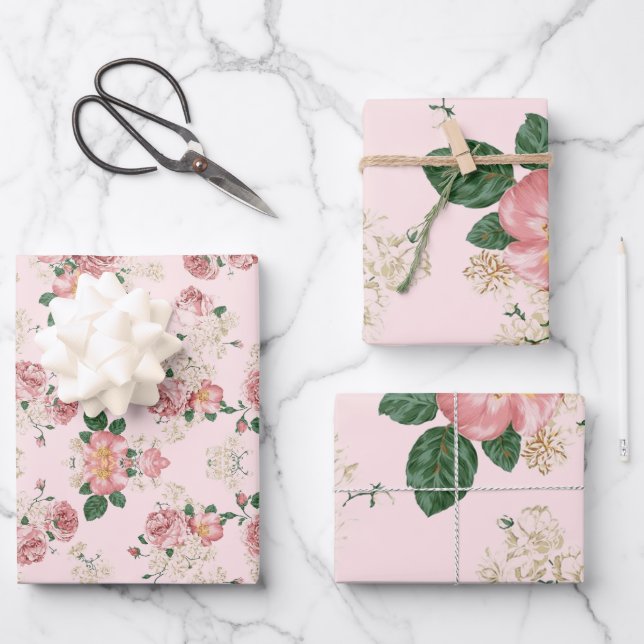 Rosa Vintage Blüte Geschenkpapier Set (Vorderseite)