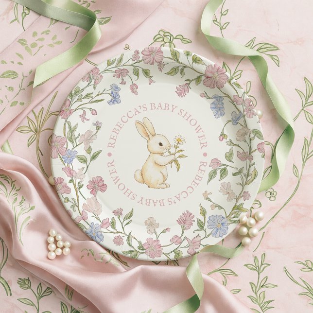 Rosa Vintage Blütendusche Pappteller (Pink Delicate Vintage Floral Bunny Baby Shower Paper Plates)