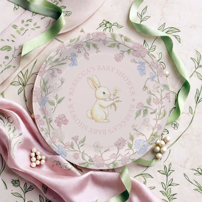 Rosa Vintage Blütendusche Pappteller (Pink Delicate Vintage Floral Bunny Baby Shower Paper Plates)