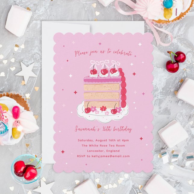 Rosa Vintage Coquette Cherry Cake Geburtstag Einladung (coquette birthday cake with cherries and bows party invitation)