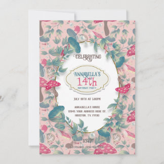 Rosa vintage Cottagecore-Pilz-Geburtstag Einladung