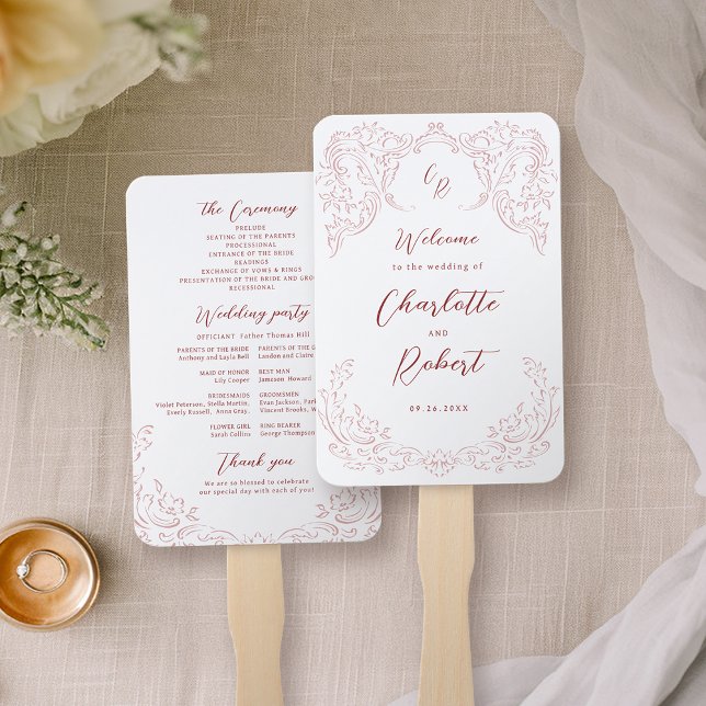 Rosa Vintage Flourish-Monogramm Hochzeitsprogramm Fächer (Pink Vintage Flourish Monogram Wedding Program Hand Fan)