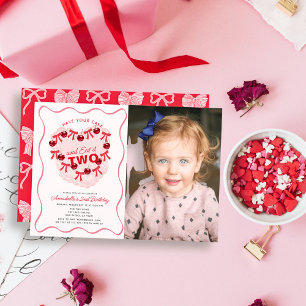 Rosa Vintage-Herztorte Mädchen Foto 2. Geburtstag Einladung
